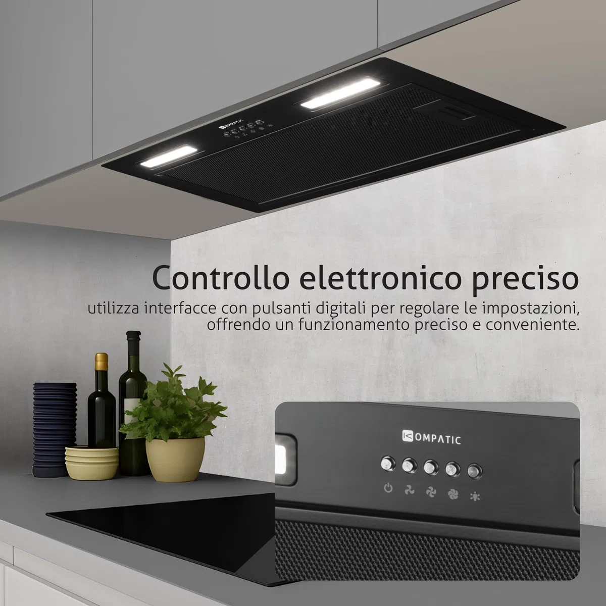 Lane 50 KLN50BI Cappa Aspirante Incasso, A+++, 50 cm, 450 m³/h, Filtri a Carbone Inclusi KCF4, Modalità Ricircolo o Estrazione, Controllo elettronico, Timer, LED, 3 velocità + boost,Nero